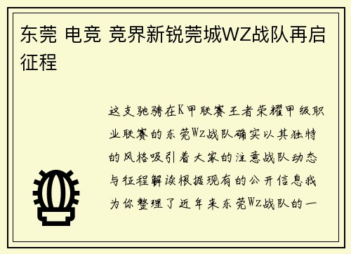 东莞 电竞 竞界新锐莞城WZ战队再启征程